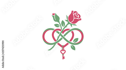 Minimalist flat design romantic Valentine's Day icon featuring a rose stem elegantly woven into a heart shape for love celebration