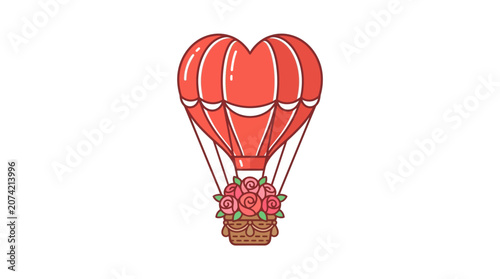 Minimalist flat design romantic Valentine's Day heart shaped hot air balloon icon in white perfect for love celebration and holiday graphics
