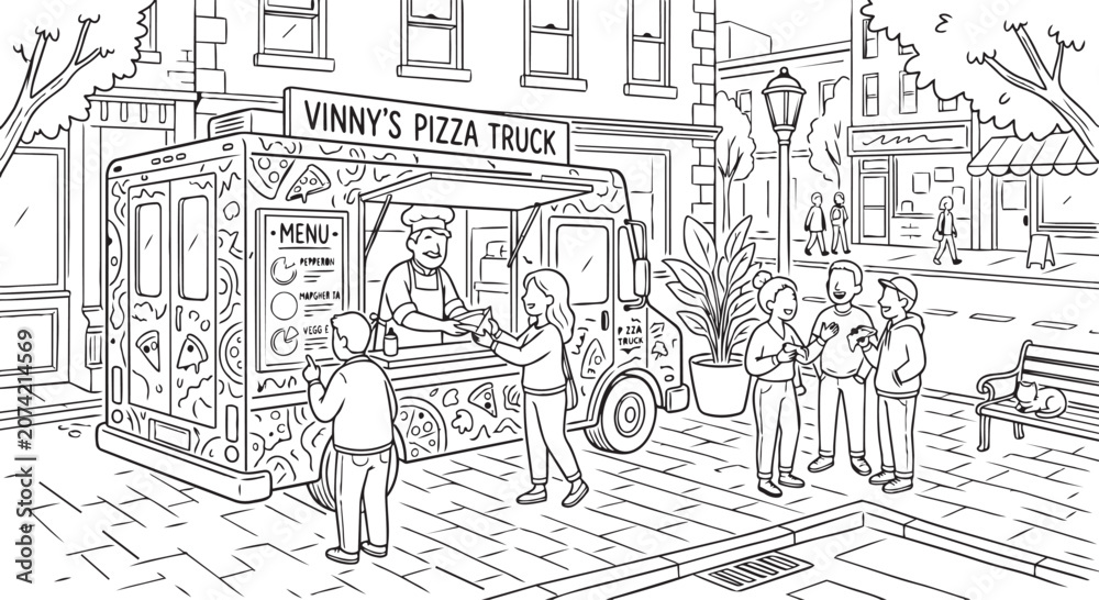 Obraz premium People buying food at a street pizza truck with ordering restaurant customer business convenient