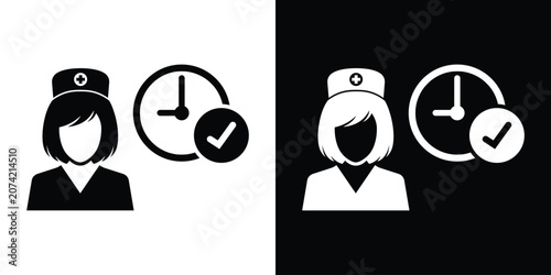 Obraz na plátně Nurse or female medical worker icon with a checkmark clock
