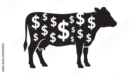 Принти на полотні Cow Silhouette with Black Cash Pattern and White Dollar Signs, Simple Vector Sty