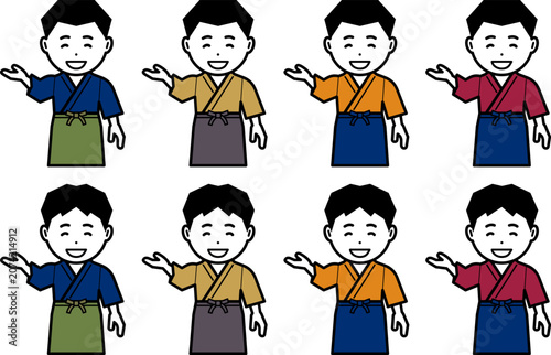 「こちらへ」と作務衣に前掛けの男性のアイコン