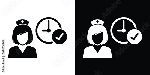 Foto Nurse or female medical worker icon with a checkmark clock