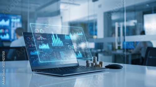 Data analysis takes place on a laptop in a modern office with charts and graphs displayed clearly
