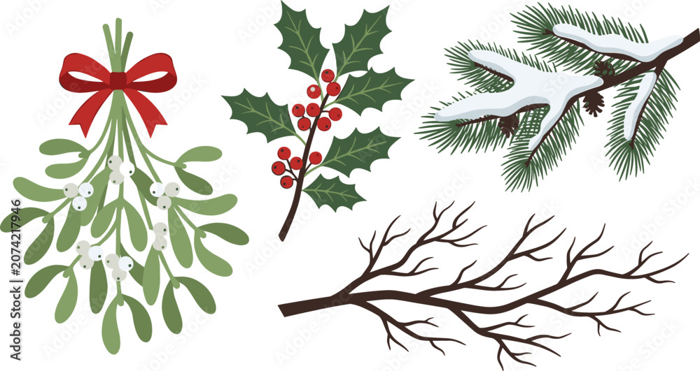 Fototapeta premium Christmas Winter Botanical Vector Set with Mistletoe Holly Berries Snowy Pine Branch and Bare Tree Twig Elements for Holiday Pattern Greeting Card Graphic Designs