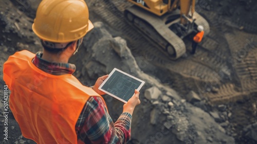 Construction worker in vest and helmet monitors a dig site on a tablet, excavator visible
