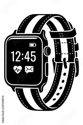 Smartwatch with digital time, heart rate, and message icons, black and white striped strap.