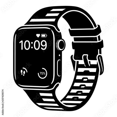 Smartwatch with digital time display, fitness tracker, and battery level, black and white icon.