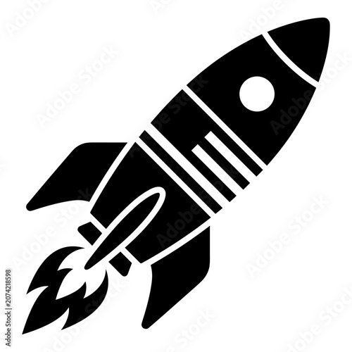 Black rocket ship icon with exhaust flames and stripes on white background.
