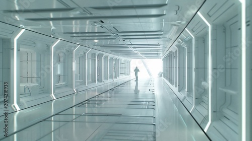 A futuristic, bright white corridor with a figure walking towards a glowing exit
