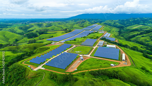 Fotografie Large scale solar power project located in rolling green highlands with renewabl