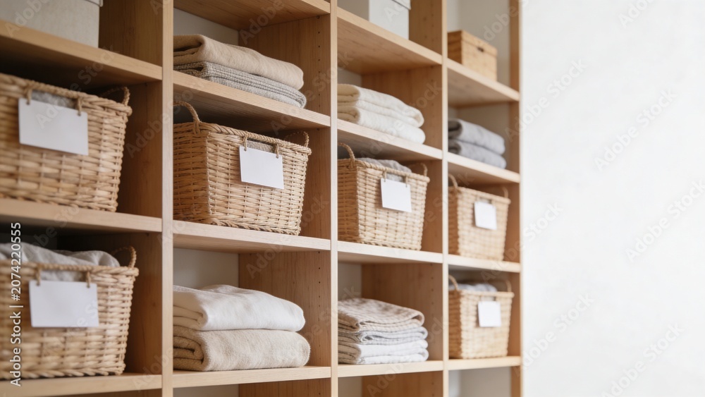 Fototapeta premium Wicker baskets and folded linens on wooden cubby shelves for organized closet storage