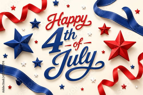 Happy 4th of July celebration with red blue stars ribbon festive patriotic decoration
