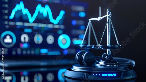 A gavel and scales of justice sit before a laptop displaying financial data