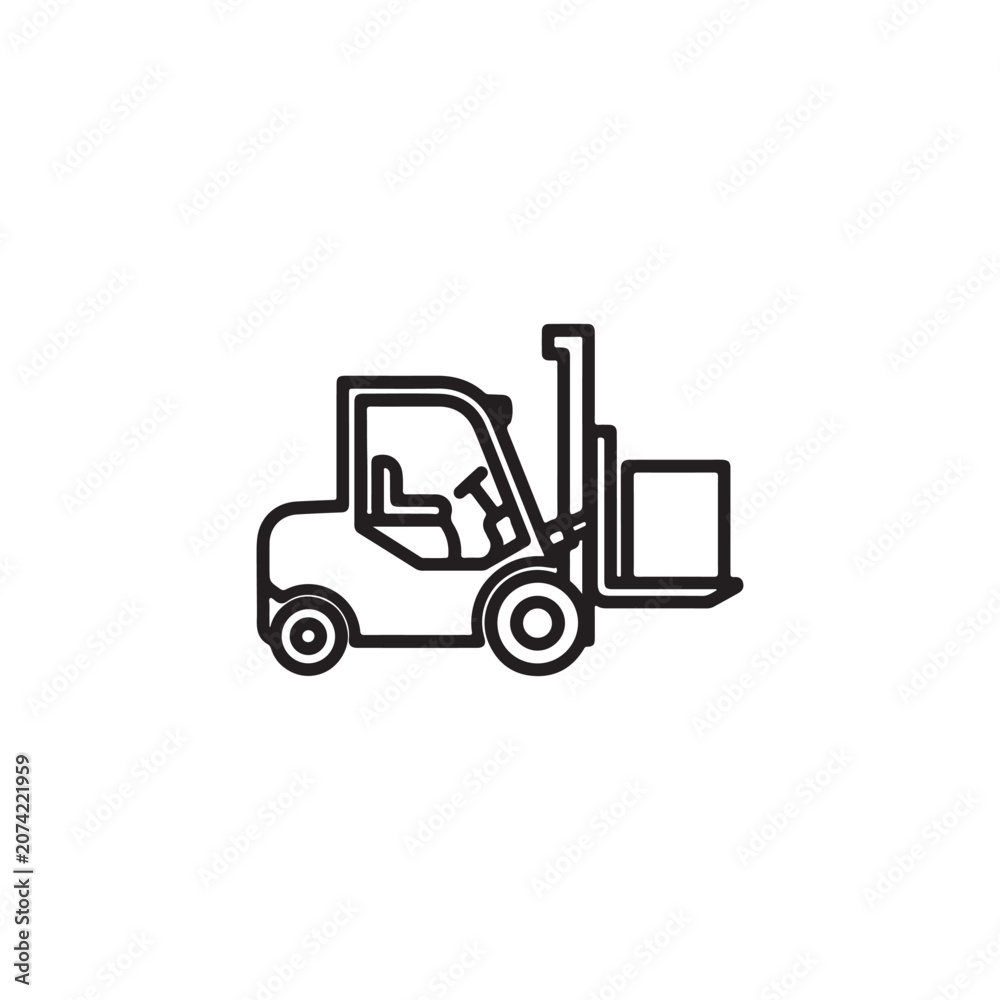 Naklejka premium Forklift truck transporting goods box icon vector illustration with forklift warehouse logistics transport shipping machinery industrial illustration isolated delivery construction handling