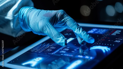 A gloved hand interacts with a touch screen displaying medical data and scans