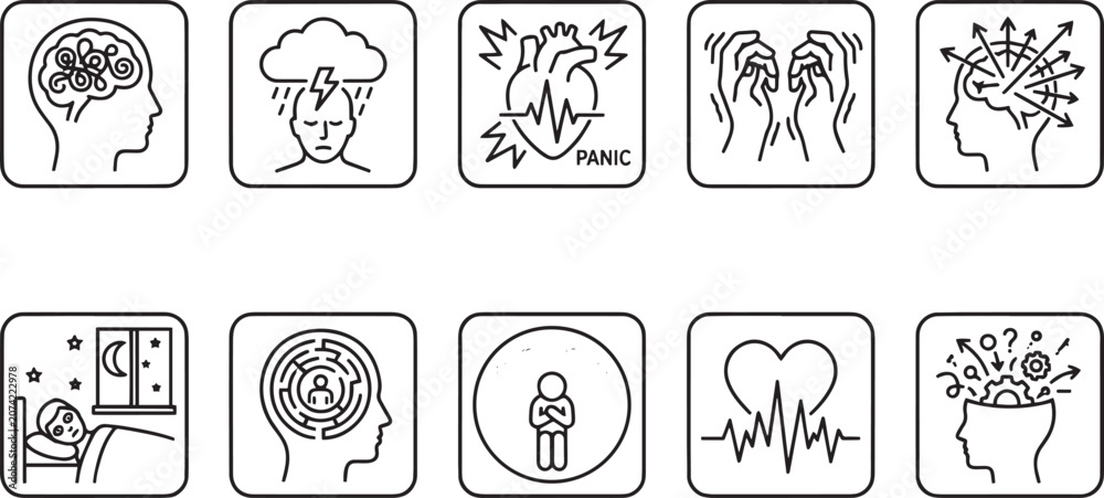 Fototapeta premium Vector Psychological Distress, Emotional Health, and Stress Management Symbol Collection