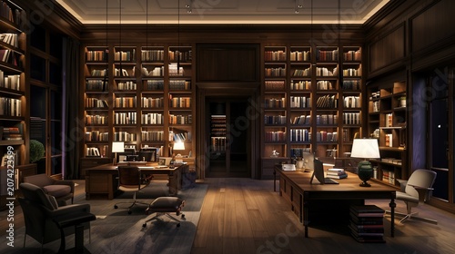 A grand, ornate library, warmly lit, showcasing extensive bookshelves and two large desks