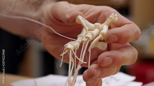 A hand holds a small anatomical model, showing intricate bone structure with attached cords