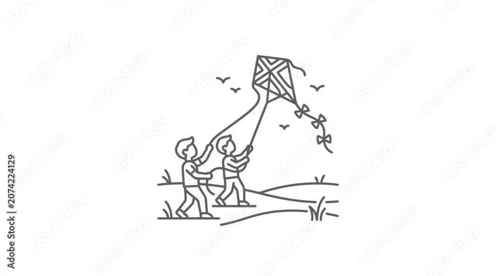 Fototapeta premium Two kids flying kite in nature landscape line art