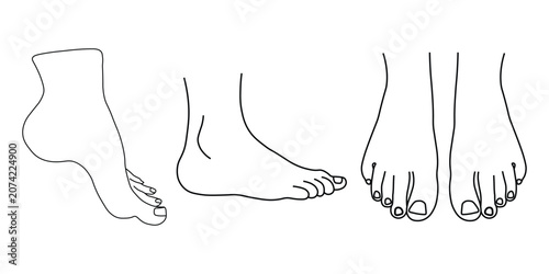Minimalist human feet line art collection, elegant barefoot sketches in profile and front view, black and white anatomical vector set