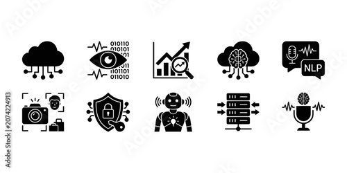 Various linear icons depicting modern cloud computing data security and voice interfaces.