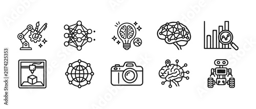Set of ten artificial intelligence outline icons, including robotics, machine learning, and data analytics.