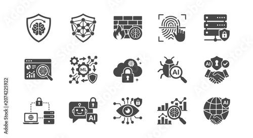Advanced artificial intelligence and machine learning security technology icon collection.