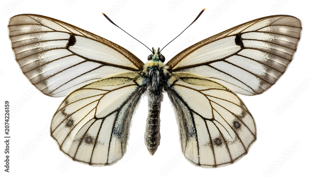 Obraz premium Stunning closeup of a butterfly with intricately patterned wings displaying shades of white and hints of gray isolated on transparent background