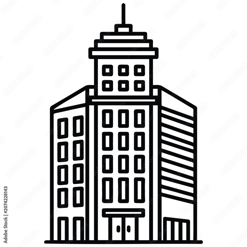 Fototapeta premium Business building vector silhouette illustration with multiple floors and modern design line art.