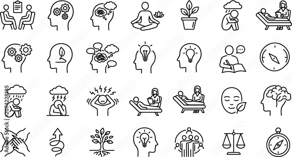 Fototapeta premium Mental wellness line icons therapy mindfulness and emotional health concepts