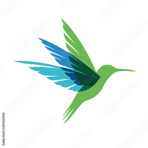 Canvastavla Abstract hummingbird logo with green and blue wings, flying, isolated on white