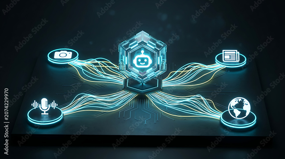 Fototapeta premium An AI agent workflow system connects to global networks through various nodes on a digital interface board.