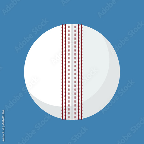 A white cricket ball with red stitching on a blue background