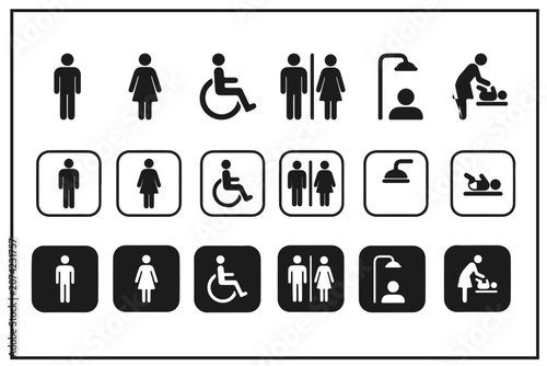Set of restroom and public facility signs including male, female, accessible, shower, and baby changing symbols.