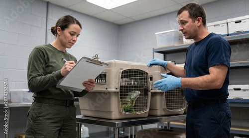 Wildlife examination chamber scene with shipment containers documentation worry