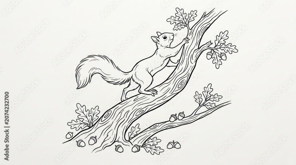 Obraz premium Hand drawn sketch of a squirrel climbing a branch