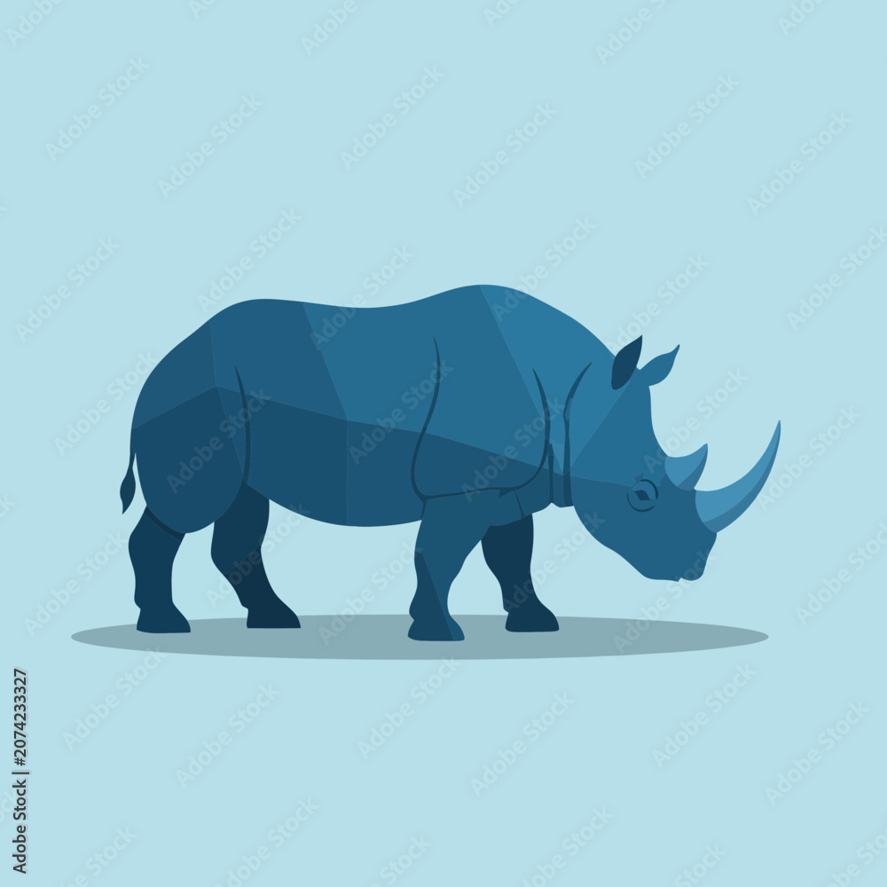 Fototapeta premium Geometric Blue Rhinoceros Illustration, Polygonal Style, Minimalist Animal Art
