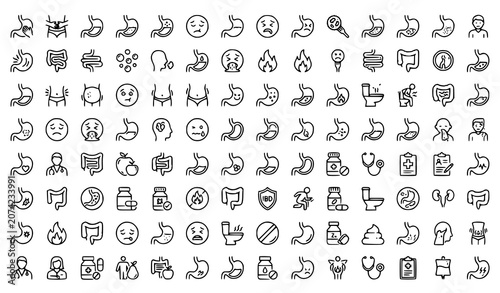 Canvastavla Stomachache and Digestive Health Line Icons Set Editable Stroke Medical Vector C
