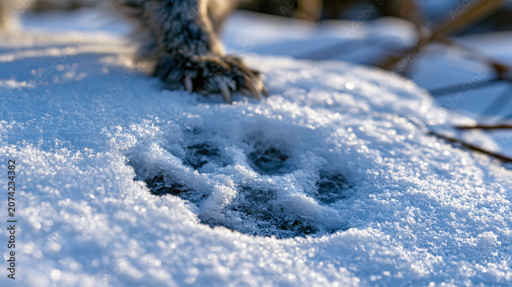 Obraz premium Fox canid paw print pressed into fresh powder snow, vulpes track pattern showing four digit oval pad impressions with claw tips, negative space track in crystalline snowpack, wildlife field sign, wi