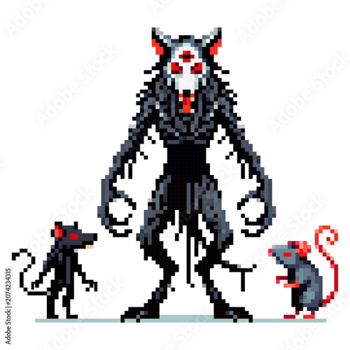 Two small rats interact with a tall, dark creature in a playful scene. The background is simple, allowing focus on the characters. The setting resembles classic pixel art games