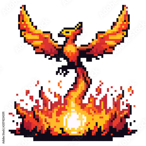 A bright firebird takes shape from flames in a pixel art scene. The creature stands tall with wings spread, surrounded by sparks and fire in the background. This artwork shows a fantasy theme