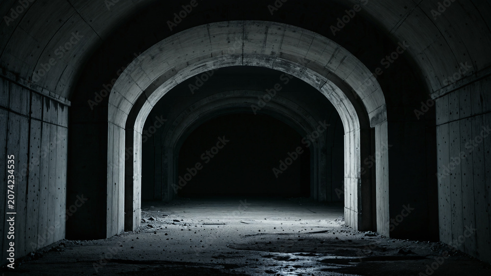 Fototapeta premium Dark concrete tunnel with symmetrical arched vaults and mysterious shadows