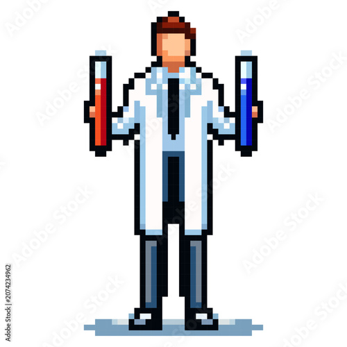 A scientist stands in a laboratory holding red and blue test tubes. The researcher wears a white lab coat. This scene shows the process of scientific exploration and experimentation