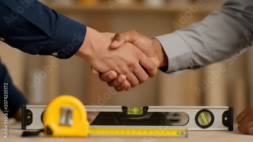 Close up of two construction professionals shaking hands over a building site table with measuring tape and level tool