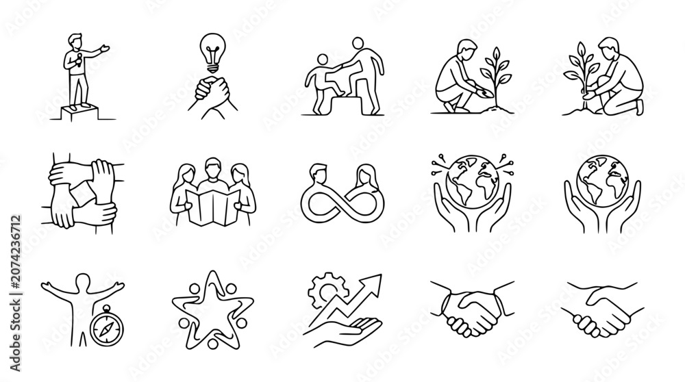 Obraz premium Teamwork, success, growth, and sustainability icons: business, collaboration, planting, earth care