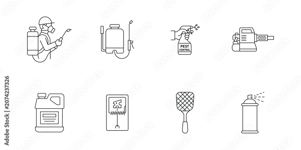 Fototapeta premium Pest control and disinfection service line icon set including exterminator sprayer chemicals fogging machine fly swatter and insect trap