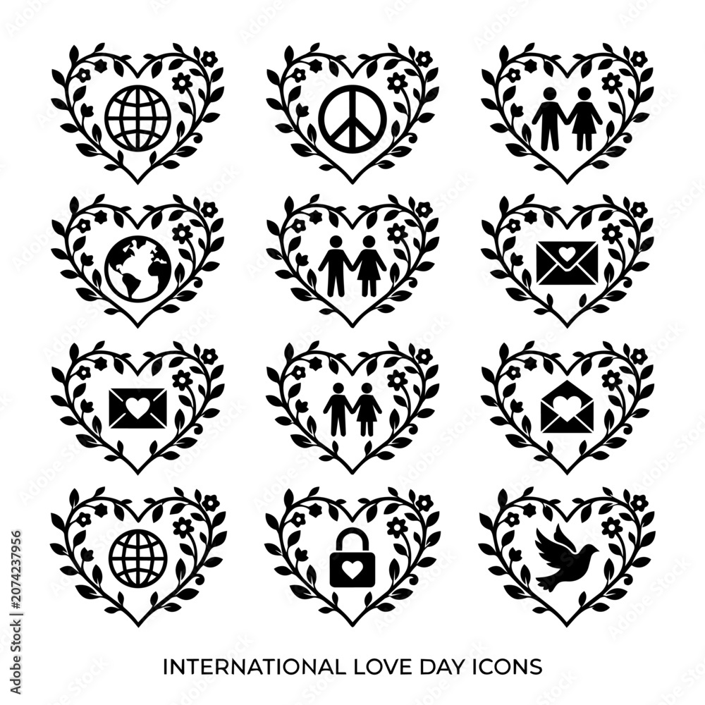 Fototapeta premium International Love Day Icon Set Floral Heart Shapes