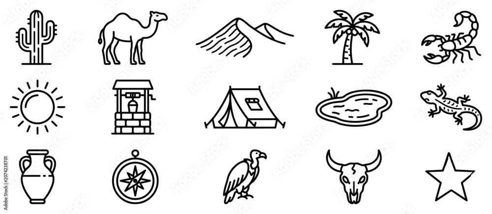 Fototapeta premium Desert icons set. Arid landscape and wildlife concept. Includes cactus, camel, sand dunes, palm tree, scorpion, sun, water well, tent, oasis, lizard, amphora, compass, vulture, bull skull,