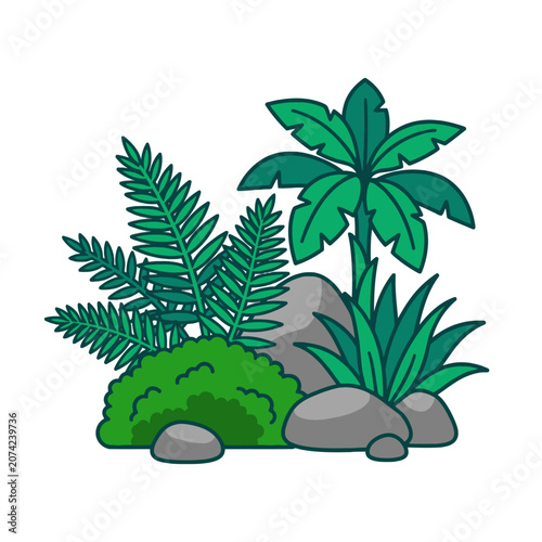 Tropical jungle plants and grey rocks on a white background